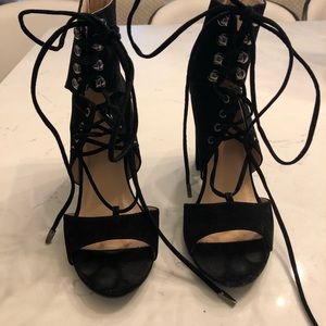 Black faux suede lace up open toe heels
